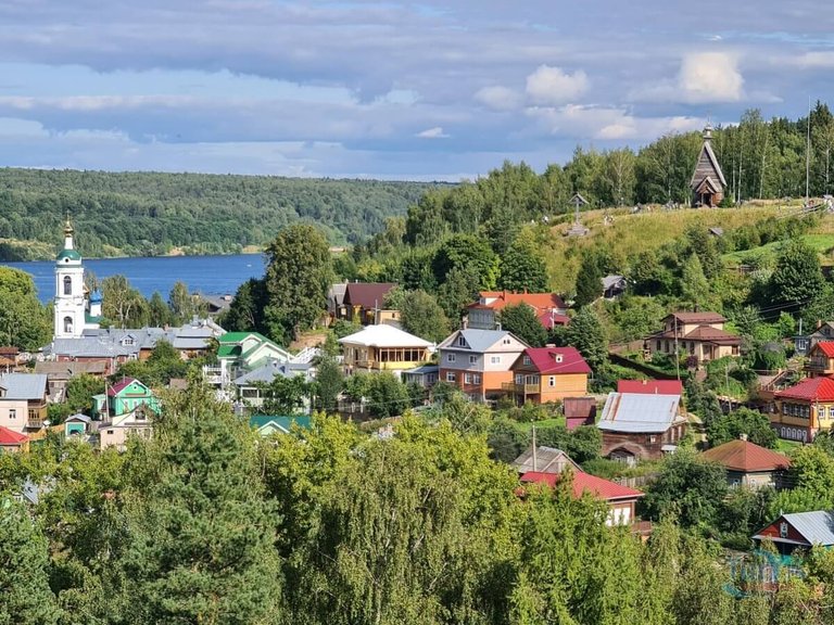 The wooden Church of the Resurrection of Christ on Levitan Hill in Plyos. View from Cathedral Hill